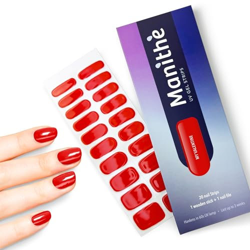 Manithè - Smalto rosso (My Valentine) - Smalto Adesivo Gel UV - Pellicola per Unghie Autoadesiva - Manicure Semipermanente - Nail Wraps Gel UV - Kit 20 PCS