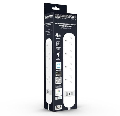 Daewoo Smart Extension Lead, 4X 13A Sockets, 2X USB A, 1x USB C, LED Indicators, Individual Control, WiFi Operated Via Smart Life App On iOS and Android with Connection to Alexa and Google Home