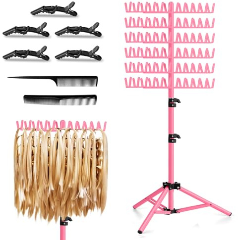 JANMPASK Braiding Hair Rack Height Adjustable 144 Pegs Braiding Rack Hair Extension Holder with Hair Braid Tools, Easy to Assemble (pink)
