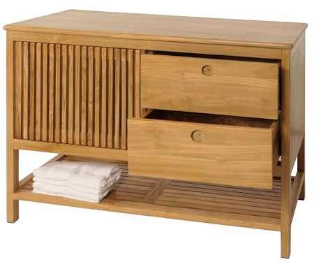 Mendler Teak-Kommode HWC-M70, Sideboard, Schiebetüre Schubladen, hochwertiges B-Grade-Teak (Kernholz, 20-30 Jahre), 81x106x55cm