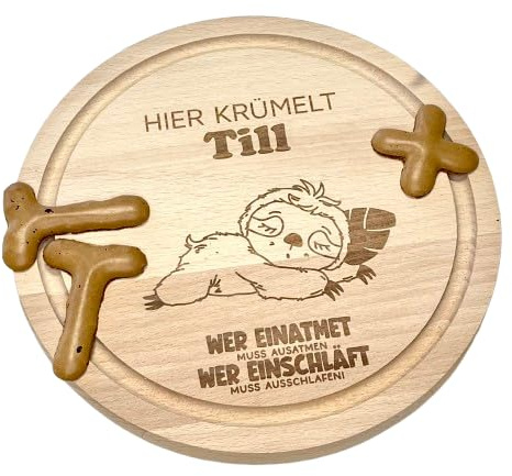 Frühstücksbrettchen mit Gravur, individuelles rundes Holzbrett, 25 cm | Name für Kinder, Mädchen & Jungen, als Geschenk zum Geburtstag, Taufe, Faultier I