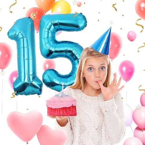15 Geburtstag Deko zahlen luftballon 15 jahre | Folienballon Blau - für 15. Geburtstagsdeko Männer Frauen Ballon Zahl Deko zum Geburtstag fliegt mit Helium 15.Geburtstagsparty 40-101cm