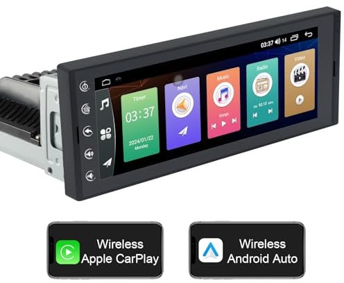 Radio Android da 6,9 pollici con CarPlay Wireless, 2G + 32G CarPlay Auto Radio 1 Din, Digital Radio Auto Bluetooth Touchscreen con GPS, Hands Free Callin,g WiFi, AM/FM/DSP, SWC