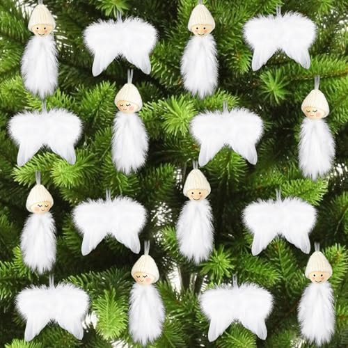 Christbaumschmuck Weiß, 16 Stück Weihnachtsbaumschmuck Engelsflügel und Wichtel Anhänger Set, Weihnachtsbaum Deko,Christbaumschmuck,Feder zum Aufhängen für Draußen Drinnen Weihnachten Hochzeit Party