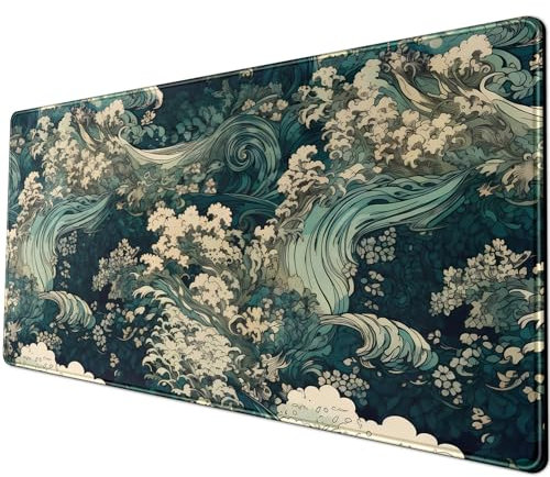 Grand tapis de souris de style japonais avec base en caoutchouc antidérapant, pour ordinateur portable, souris, clavier, décoration de bureau, motif Fleur de mer bleue, vagues, 80 x 30 cm