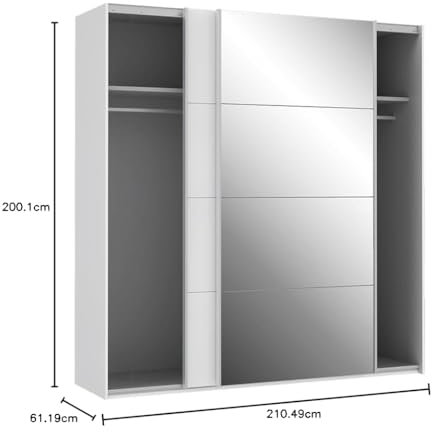 FORTE Sapporo Schrank 200, weißer Kleiderschrank, Schwebetürenschrank, 2-türig, Schlafzimmer, Holzwerkstoff, Weiß Hochglanz mit Spiegel, 200,1 cm breit x 210,5 cm hoch x 61,2 cm tief