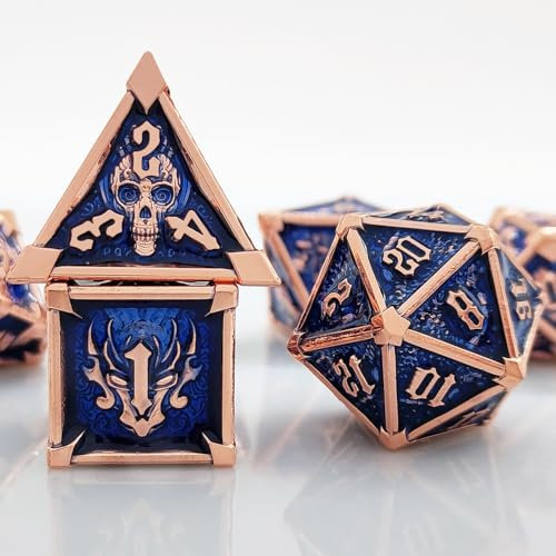 ORUZA Set di 7 dadi in metallo DND D&D, dadi da gioco in metallo per dungeon e dragoni RPG MTG TTRPG Pathfinder giochi di ruolo da tavolo (rame e blu zaffiro)