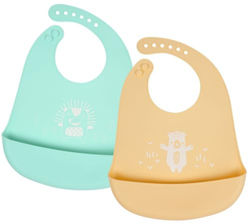 Vicloon Silikon Baby Lätzchen, 2PCS Baby Fütterlätzchen mit Auffangschale 6 Verstellbaren Tasten, BPA Frei, Babylätzchen Einfache Reinigung, Wasserdicht für Babys Jungen und Mädchen, Bär & Igel