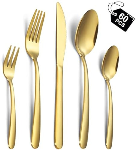 Hunnycook Besteck Set 12 personen, 60 Stück Edelstahl Besteck Gold, Goldenes Besteck mit Gabeln, Löffel und Tafelmesser, geeignet für Haushalt/Restaurant/Party, Spülmaschinenfest