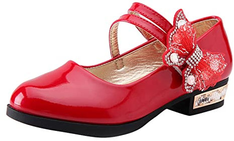 Scarpe Mary Jane da bambina, per feste, cosplay, scarpe Mary Jane con chiusura in vernice al tatto, scarpe da scuola, casual, con fiocco, antiscivolo, con strass, scarpe da principessa, Rosso, 28 EU