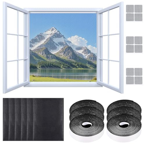 Ajuanbazha Lot de 6 Moustiquaire de Fenêtre DIY, Découpable Sans Percage, 130x150 Cm, Moustiquaire Fenetre avec 6 Ruban Adhésif et 3 Correctif (Noir)