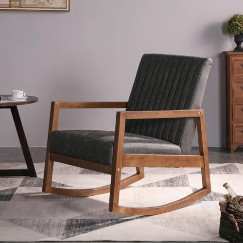 Ya-Home Schaukelstuhl Holz Stillstuhl aus PU Leder Mid-Century Sessel Schaukelsessel mit Holzrahmen gepolsterter Schwingsessel mit Armlehnen für Wohnzimmer/Schlafzimmer/Balkon, Grau