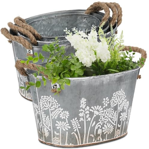 CILXGQLN 3 Pack Oval Galvanized Planter Tubs, Garden Metal Rustic Flower Pots for Outdoors, Rustproof Tin Bucket Vintage Plant Pot, Large Shallow Flower Bucket with Handles