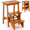 Maxmass 3 Tiers Wooden Step Stool, Folding Ladder Stool with Handle and Non-Slip Pedal, Portable Stepladder for Kids Adults, Max Weight 90kg (Dark Oak)