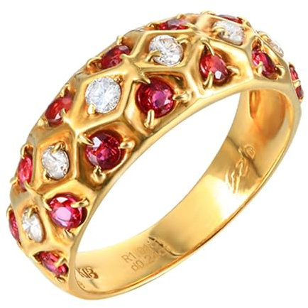 Skcess Anello in oro giallo 18 carati rosso rubino rotondo, fila di foratura con 1,01 rosso e diamante da donna, 49 (15.6), metallo prezioso, Rubino