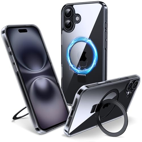 Flyzoo Funda Magnética Kickstand para iPhone 16 Plus de Invisible Anillo, [Soporte Trasero] Carcasa Transparente de Duro PC Silicona Borde de Protección de la Antigolpes, 6.7'', Negro Clear