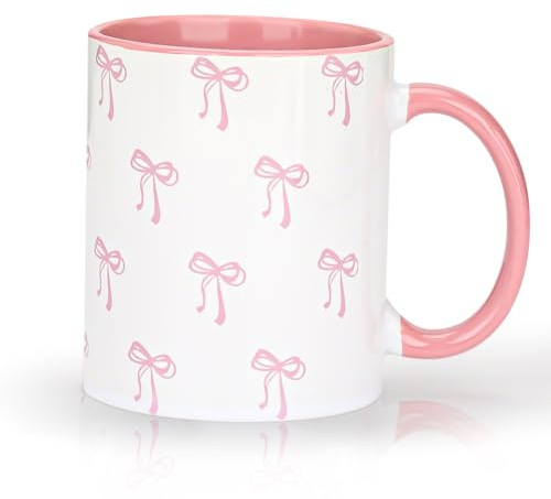 wokdsbl 11 oz Keramik Kaffeetasse mit rosa Schleifen-Design | Spülmaschinenfeste Tasse als Geschenk für Frauen Freunde und Kollegen zum Geburtstag oder Weihnachten