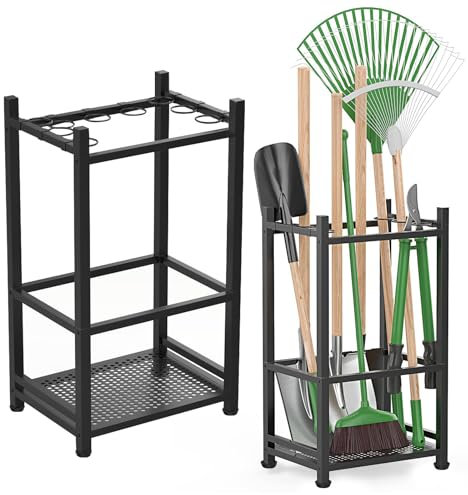 HYSHLC Gartengeräte Aufbewahrung, Gartengeräte Organizer Kohlenstoffstahl mit 9 Adjustable Holding Rings, Garagen Organizer für Schuppen, Outdoor, Gartenarbeit, Zwei austauschbare Sockel