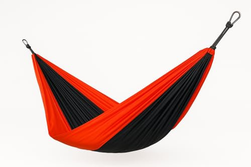 Ultraleichte Hängematte – Reisehängematte aus Fallschirm-Nylon | 200 kg Belastung | Tragbar, Atmungsaktiv & Schnelltrocknend | Inkl. Karabiner & Beutel (Rot, 275x140 cm)