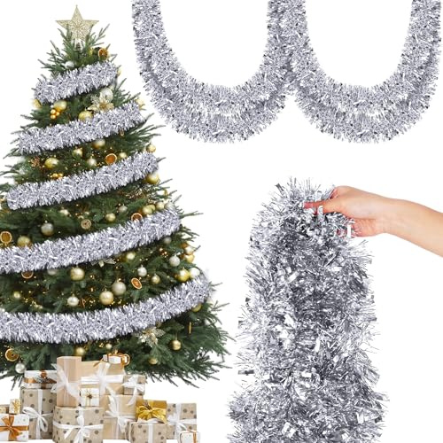 Vivantia 12M Tinsel Garland Metallic Twist Tinsel 9CM Thick Garland Hanging Decorations for Tree Wreath Wedding Events Party Supplies (Silver)