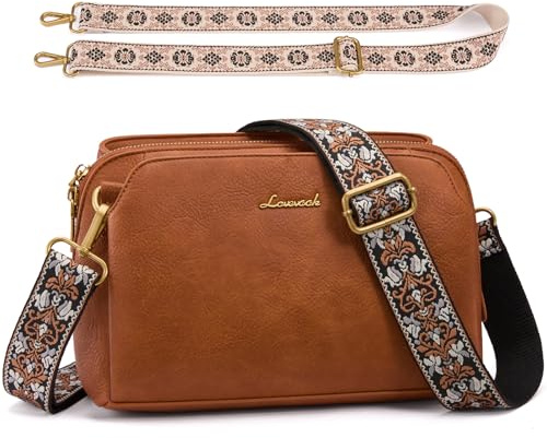 LOVEVOOK Umhängetasche Damen, Kleine Handtasche, Schultertasche Mittelgroß | mit 2 Breiten Schultergurten, RFID Blocker Kartenhülle, 3 Fächer, Crossbody Bag für Büro Uni Freizeit & Pendler, Sandfarben