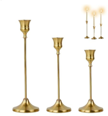 Candelabro Vintage,Porta Candele da Tavolo in 3 Diverse Altezze,Candelabri Portacandele per Cene,Matrimoni,Decorazioni Tavola,Decorazioni il Camino,Lume di Candela (Oro)