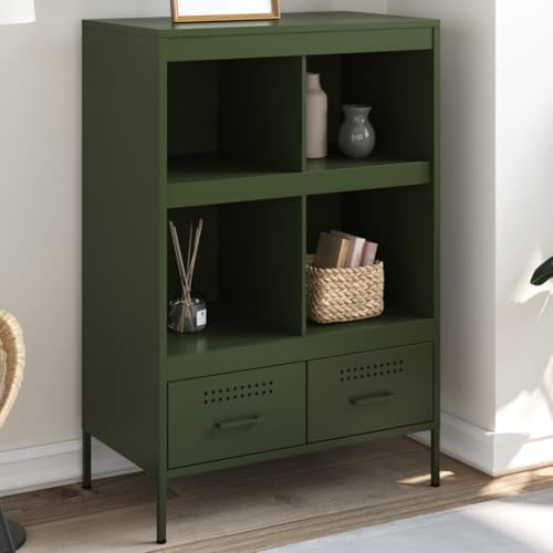 QZZCED Sideboard, Stahl, Olivgrün, hoch, Industrie-Anricht, Metallregal mit robuster Struktur und geräumigem Stauraum, 68 x 39 x 101,5 cm