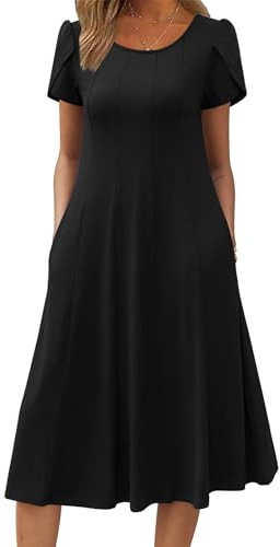 Zeagoo Sommerkleid Damen Elegant Kleid Rundhals Plissee Strandkleid Kurzarm Puffärmel Midikleid Casual A-Linie Kleid mit Taschen S-XXL