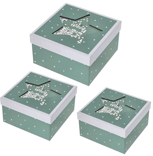 Boxenset 'Happy Birthday' 3er Set mit Sichtfenster und Glitzer | 3 Größen quadratisch grün Papier 900gsm | Schachteln Geschenkboxen (grün)