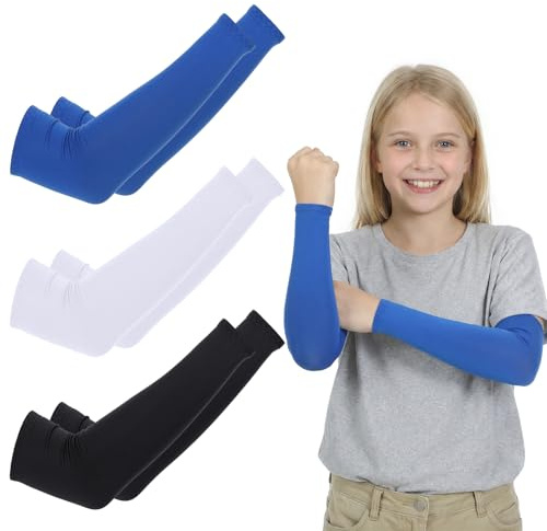 Bremorou Scaldamuscoli Estivi Per Bambini Sport UV Protezione Pallavolo Protezione Per Le Braccia Maniche Sportive, Raffreddamento, Set Di 3 Paia In Nero, Bianco E Blu Reale