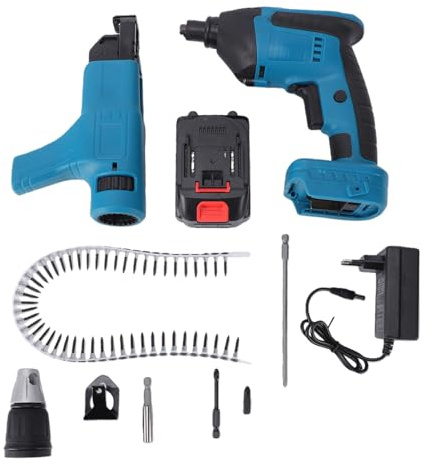 ViaGasaFamido Destornillador Eléctrico Inalámbrico Pistola Atornilladora para Paneles de Yeso Batería de 4000 MAh Torque de 45 Nm 0-4200 RPM con 300 Tornillos Caja de Herramientas de