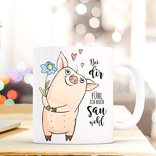 ilka parey wandtattoo-welt® Tasse Becher Kaffeetasse Kaffeebecher Schwein Schweinchen mit Blume und Spruch bei dir fühl ich mich sauwohl ts415