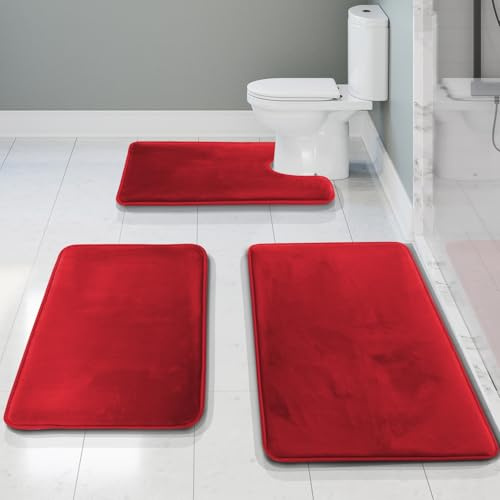 Clara Clark Bathroom Rugs, Ultra Soft Non Slip and Absorbent, Velvet Memory Foam Bath Mat. Set of - 20 x 32/17 x 24/19 x 24, Burgundy Red