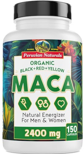 Organic Maca Root Capsules for Women & Men 2400mg per Serving - 150 Pills Black, Red, Yellow Maca Supplement - Gelatinized Macaroot, Non-GMO, Vegan by Peruvian Naturals