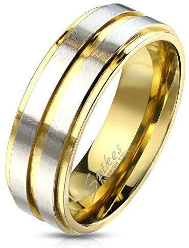 Paula & Fritz® Ring Damen Silberne Streifen 316L Chirurgenstahl Größe 49 (15,6) Gold Verlobungsring Herrenring Partnerring Ehering Damenring Bandring