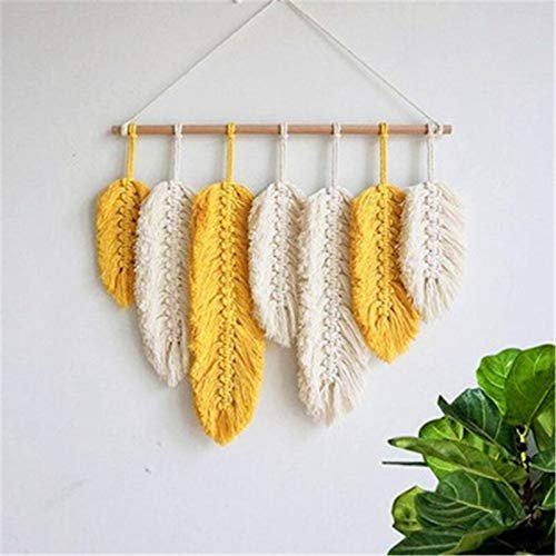 SWECOMZE Makramee Wandbehang Boho Deko, Woven Wanddeko Wandteppich Blatt Feder Böhmische Tapisserie Gewebte Handgemacht Wohnungsdekorationen Wohnzimmer Schlafzimmer Dekor