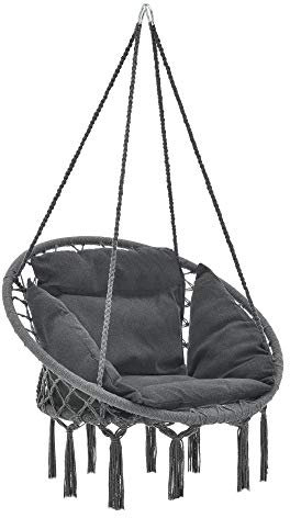 casa.pro Hängesessel mit Kissen Hängesitz Innen und Außen Hängestuhl Hängeschaukel Indoor Outdoor Hängekorb bis 150 kg Dunkelgrau