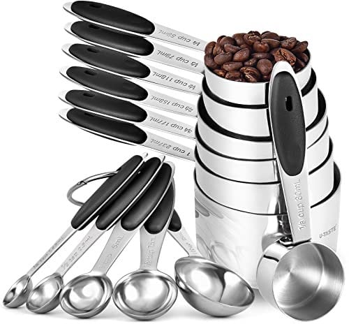 Cuillères et Tasses à Mesurer: U-Taste Ensemble de Tasses et Cueillere Dosseur en Acier Inoxydable 18/8, 10 Pièces Mesures Cuisine pour la Pâtisserie et la Cuisson, Poignée Épaissie (Noir)