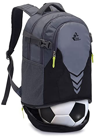 free knight Rucksack mit Bottom Ball Compartment - große Kapazität Sportgeräte Tasche für Jugend Jungen Mädchen Fit Basketball Volleyball Fußball Soccer Ball (Schwarz-Grau)