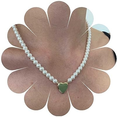 Yheakne Collana girocollo di perle boho Collana con ciondolo a cuore verde Collana di perle barocche Catena di fili Collana di perle vintage Gioielli a catena per donne e ragazze