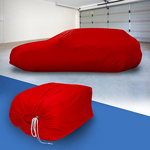 ECD Germany Autoabdeckung Indoor Kombi L 425 x 160 x 130 cm, Stretch Soft Satin, Rot, Atmungsaktiv, Staub- und Schmutzabweisend, Abdeckplane Autoplane Autogarage Ganzgarage Schutzdecke Schutzhülle