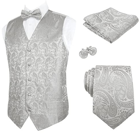 Alizeal Herren Weste Krawatte Hanky Manschettenknöpfe und Fliege Set Paisley Classic 5pc, Silber-S