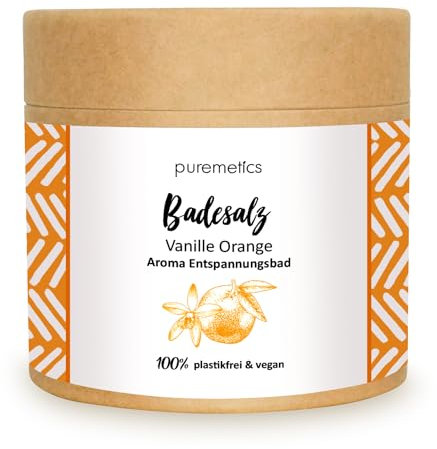 puremetics Badesalz - Vanille-Orange, 400 g, Natürliches Badearoma, Aromatherapie für die Badewanne, Totes Meer Salz