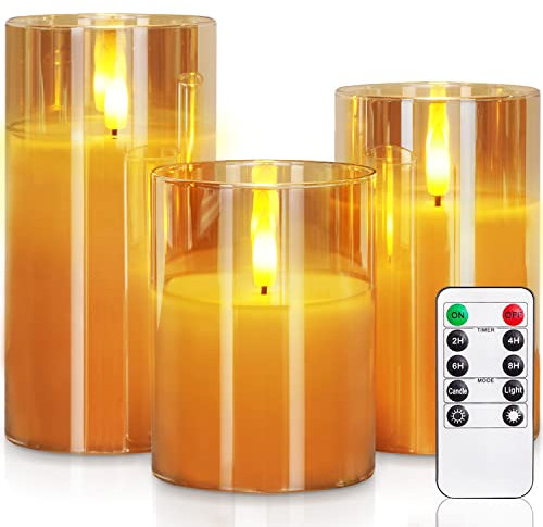 Homemory Gold Glas Flammenlose Kerzen, Batteriebetriebene LED Stumpenkerzen mit Fernbedienung und Timer, Elektrische Kerzen, Echtes Wachs, 3er-Set