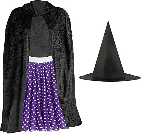 Adult’s Room on the Broom Set - Standard - Black Velour Cape, Purple Polka Dot Skirt and Witch Hat - Perfect for World Book Day School Book Day Fancy Dress