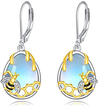 YFN Honigwabe Biene Mondstein Ohrringe 925 Sterling Silber Teardrop Dangle Hypoallergenic Leverback Ohrring für Frauen Mädchen