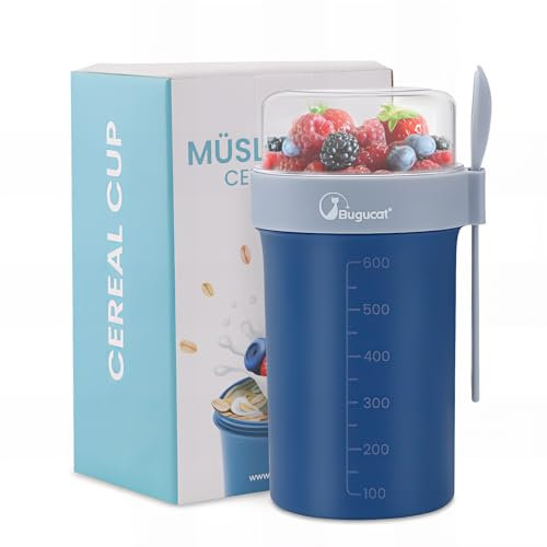 Bugucat Taza de Yogur 760ml+230ml, Porta Yogur y Fruta Vaso de Cereales para Llevar con Tapas y Cuchara, Reutilizable Porta Vaso Portátil Taza de Cereales con Recipiente para Ensaladas