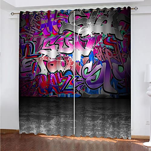 SATUSA Vorhang Blickdicht 3D Kunst-Graffiti Muster Ösenschal 2Er Set 140X160Cm Fenster Gardinen Mit Ösen Verdunkelungsvorhang Wohnzimmer Kinderzimmer Thermovorhang Schallschutz Vorhänge