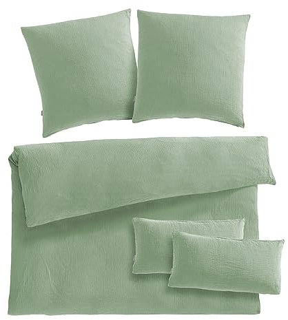 Pure Label Musselin Bettwäsche 200x220 5teilig bestehend aus einem Bettbezug 200x220 cm + Kissenbezug 80x80 2er Set + 40x80 Kissenbezug 2er Set aus Baumwolle - Kuschelige Bettwäsche in grün