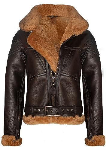 Infinity Leather WWII Damen RAF Braun Ingwer Schafsfell Aviator Fliegen Lederjacke 5XL